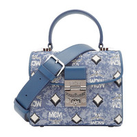 MCM 奢侈品 女士Vintage Jacquard Monogram Satchel蓝色织物配牛皮革手提单肩斜挎包 MWEBATQ01LU001
