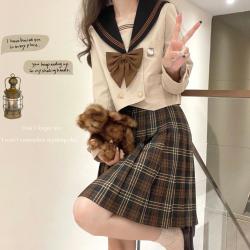 春日制服部 jk制服 野杉中 茶三本杏身黑领 水手服长袖套装 秋冬服