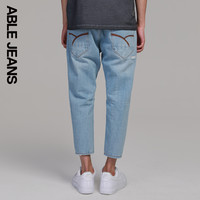ABLE JEANS新款黑色牛仔裤男破洞宽松直筒八分裤潮牌秋冬季801114(190/38、水洗古黑-801270)
