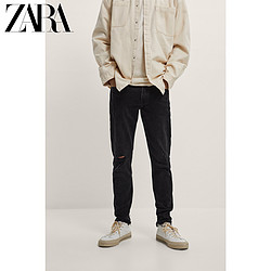 ZARA 秋季新款男装 紧身小脚 破洞装饰黑色牛仔裤 06045440800