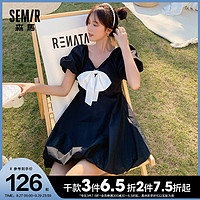 Semir 森马 连衣裙女v领蝴蝶结2021夏季新款甜酷女孩黑白蓬蓬裙浪漫心机