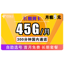 CHINA TELECOM 中国电信 长期翼卡 9元月租（5G通用流量+30G定向流量+300分钟通话）