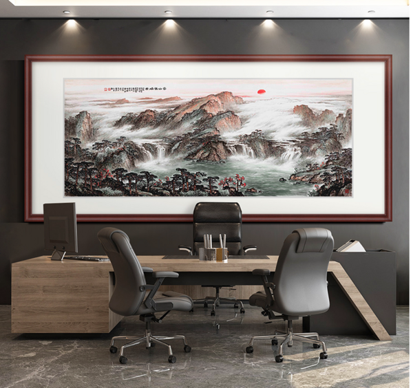 橙舍 罗渊鸿 运当头山水画《春山锦绣》画框尺寸60cmx120cm 宣纸 雅致红褐