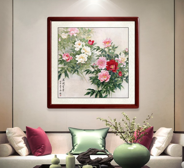 尚得堂 韩梅 手绘工笔花鸟装饰画《花开富贵》装裱65x65cm 宣纸