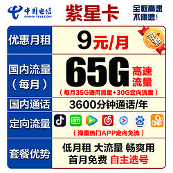 CHINA TELECOM 中国电信 电信紫星卡 65G流量300分钟+赠会员 9元/月