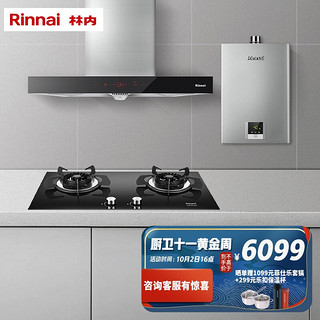 Rinnai 林内 欧式抽油烟机燃气灶热水器烟灶套装 烟灶热厨房三件套 大吸力 5KW大火力 NM05T+2E03M+13QD31