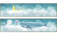 海龙红 星空月球鲸鱼横幅装饰画《漫步云端 B款》30x120CM 油画布 金色外框