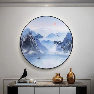 新中式挂画玄关装饰画圆形中国风餐厅壁画山水风景画手绘油画蓝色
