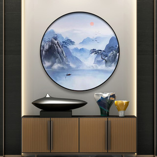 新中式挂画玄关装饰画圆形中国风餐厅壁画山水风景画手绘油画蓝色