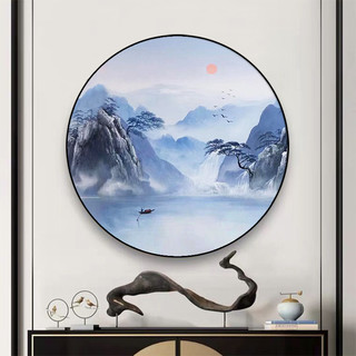 新中式挂画玄关装饰画圆形中国风餐厅壁画山水风景画手绘油画蓝色