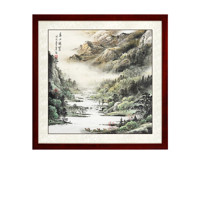 尚得堂 墨翁 山水风景画《春山凝翠》65x65cm 宣纸 直角棕色实木框