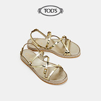 TOD'S官方正品2021夏季女士女鞋真皮休闲露趾时尚凉鞋女夏平底（42、金色）