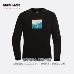 NORTHLAND 诺诗兰 男士长袖T恤2021年秋冬新款舒适亲肤休闲百搭印花打底衫HDBN5517S 纯黑色 175/L