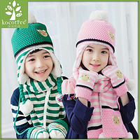 kocotree kk树 儿童帽子围巾两件套秋冬护耳保暖加绒可爱小熊条纹