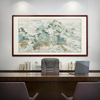 尚得堂手绘国画山水画客厅沙发装饰画办公室横幅靠山挂画壁画江山揽概 沙比利实木框-圆角黑色 装裱318*118