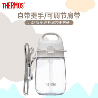 膳魔师THERMOS 儿童水杯夏季手提吸管杯带肩带户外便携宝宝学饮杯可爱儿童水杯水壶猪猪款恐龙杯子 猪猪灰棕色370ml