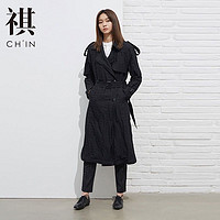 CHIN 祺 [2件1.5折价:134.9]CHIN祺女风衣秋装中长款大衣黑色显瘦风衣双排扣收腰上衣