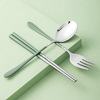 炊大皇 304不锈钢勺子筷子叉子套装收纳便携餐具三件套成人学生
