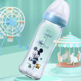 Pigeon 贝亲 Disney自然实感系列 AA153 玻璃彩绘奶瓶 240ml 米奇宝宝小鸭款 3月+