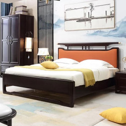 恒兴达 橡胶木新中式实木床1.8米现代简约主卧双人床禅意铜元素1.5软靠卧室家具