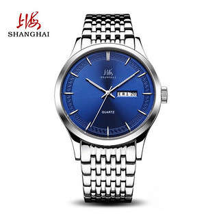 SHANGHAI 上海 手表 跃时系列时尚潮流双历石英钢带男表 NS0129-蓝