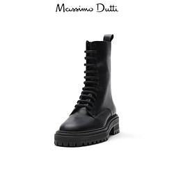 Massimo Dutti 女鞋 黑色皮革绑带女士休闲时尚短靴 11102850800