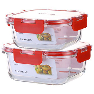 LOCK&LOCK 保鲜盒 升级款tritan盖耐热玻璃保鲜盒微波炉冰箱储物餐盒两件套 520ml+800ml红色