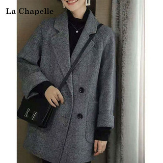 La Chapelle 小个子双毛大衣女2021新款中长款人字纹毛呢外套大衣修身女