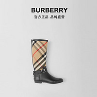 BURBERRY 女鞋 格纹拼橡胶饰带雨靴 80342991(36、黑色)