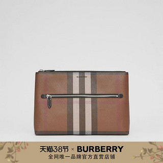 BURBERRY 徽标印花格纹帆布拉链收纳袋 80390051（深桦木棕）