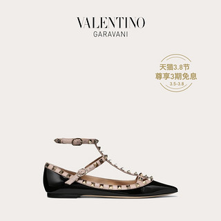VALENTINO GARAVANI/华伦天奴 ROCKSTUD 漆皮系带铆钉平底鞋（40.5、黑色）