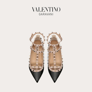 VALENTINO GARAVANI/华伦天奴 ROCKSTUD 漆皮系带铆钉平底鞋（40.5、黑色）
