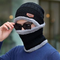 绿盒子 冬季围脖套帽两件套 加绒保暖针织帽户外骑车 (帽子+围脖)-黑色/灰色随机