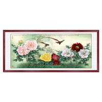 艺满堂 客厅装饰画牡丹国画新中式沙发背景墙字画办公室挂画壁画富贵牡丹可定制尺寸 E款姹紫嫣红 215*80厘米(花梨色实木镜框+高透有机玻璃)