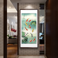 积善 九鱼图玄关装饰画竖版走廊过道挂画现代中式字画书房办公室茶室客厅壁画餐厅风水国画已装裱 连年有余A款 小六尺带框217*83cm/幅