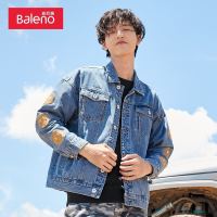 Baleno 班尼路 牛仔夹克衫男韩版帅气个性时尚印花棉质水洗潮流青年学生翻领修身休闲外套 03D M
