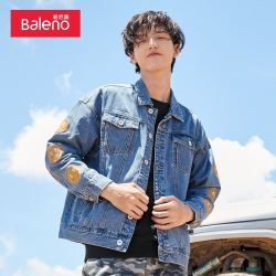 Baleno 班尼路 牛仔夹克衫男韩版帅气个性时尚印花棉质水洗潮流青年学生翻领修身休闲外套 03D M