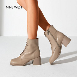 NINE WEST 玖熙 Nine West/玖熙2021冬季新款黑酷马丁靴方头粗跟短靴潮流女皮靴子