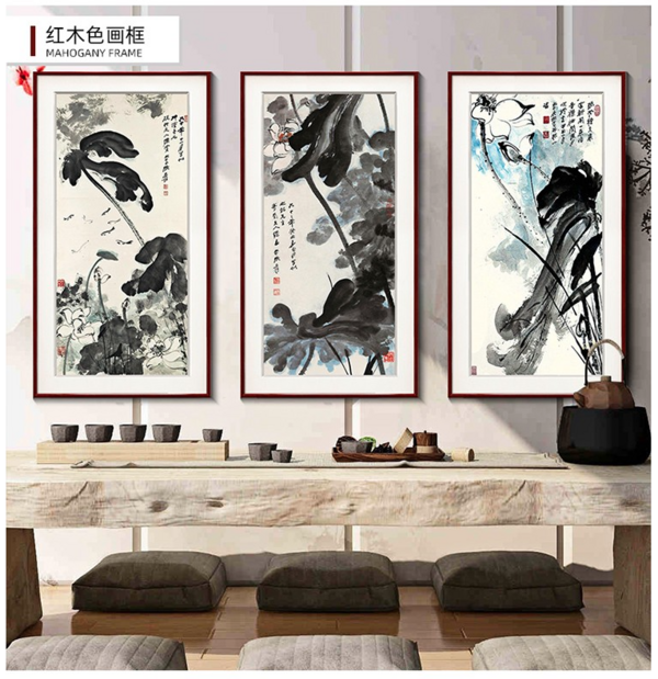 紫腾随轩 张大千 荷花泼墨画 40x80cm 油画布 红木色实木框 多款可选