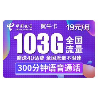 中国电信 翼泊卡 2年19元月租（155G通用流量+30G定向流量）送40话费