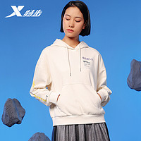 特步卫衣女外套Star2021秋季百搭女装针织上衣长袖运动连帽套头衫 米白 XL/175