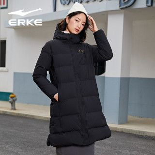 鸿星尔克女子长款羽绒服保暖运动羽绒服休闲抗风连帽上衣正黑xl