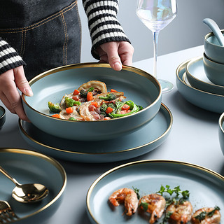 舍里高档哑光蓝陶瓷餐具套装家用碗盘碟勺筷餐具套装西餐盘菜盘碗（2人食10件套）