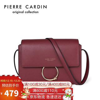 皮尔·卡丹 皮尔卡丹(pierre cardin)单肩斜挎包女小方包圆环百搭风琴女士包包 酒红色