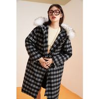 PEACEBIRD 太平鸟 女士黑白格纹毛领大衣 AWAAA473289