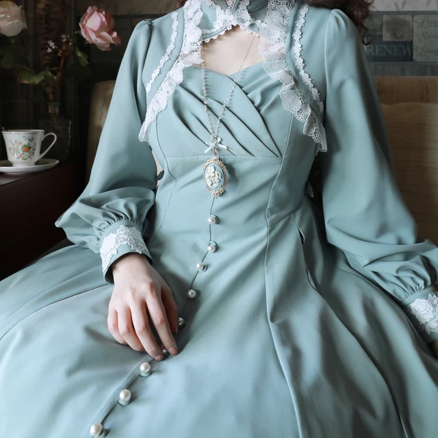 香甜芬芳lolita Lolita洛丽塔 花期将至 女士OP有袖连衣裙 青磁色 L