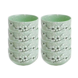 竹木本记 雪花釉腊梅陶瓷碗 4.5英寸 8个装 绿色