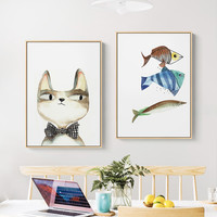 猫和鱼 简约餐厅装饰画北欧猫咪小清新饭厅餐桌挂画现代墙面墙画