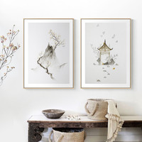 新中式装饰画水彩日式客厅背景意象风景简约现代玄关走廊挂画翔鱼