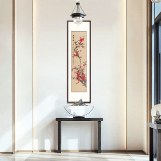 弘舍 入户玄关装饰画走廊过道壁画书房挂画水墨国画 梅开五福 田园柚木 成品尺寸 宽54*高170cm